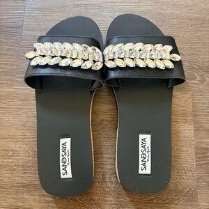 Sand By Saya Smith Gold Leaf Embellished Waterproof Espadrille Flat Sandals Sz 8